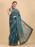Sangria Teal & White Floral Embroidered Organza Saree | Grocsy