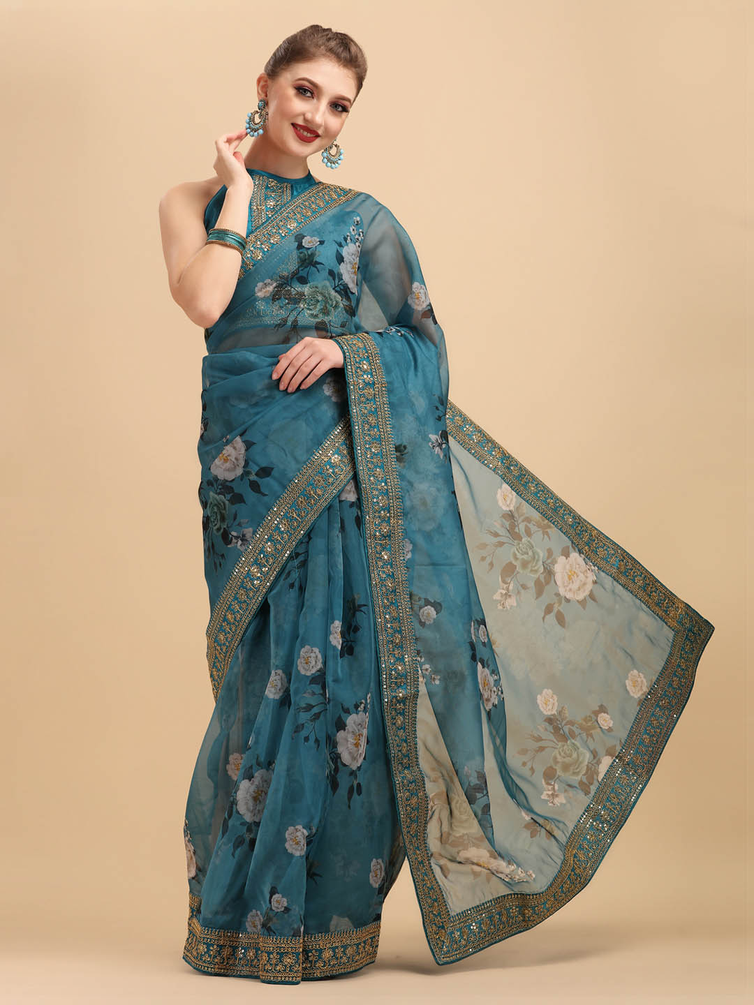 Sangria Teal & White Floral Embroidered Organza Saree | Grocsy