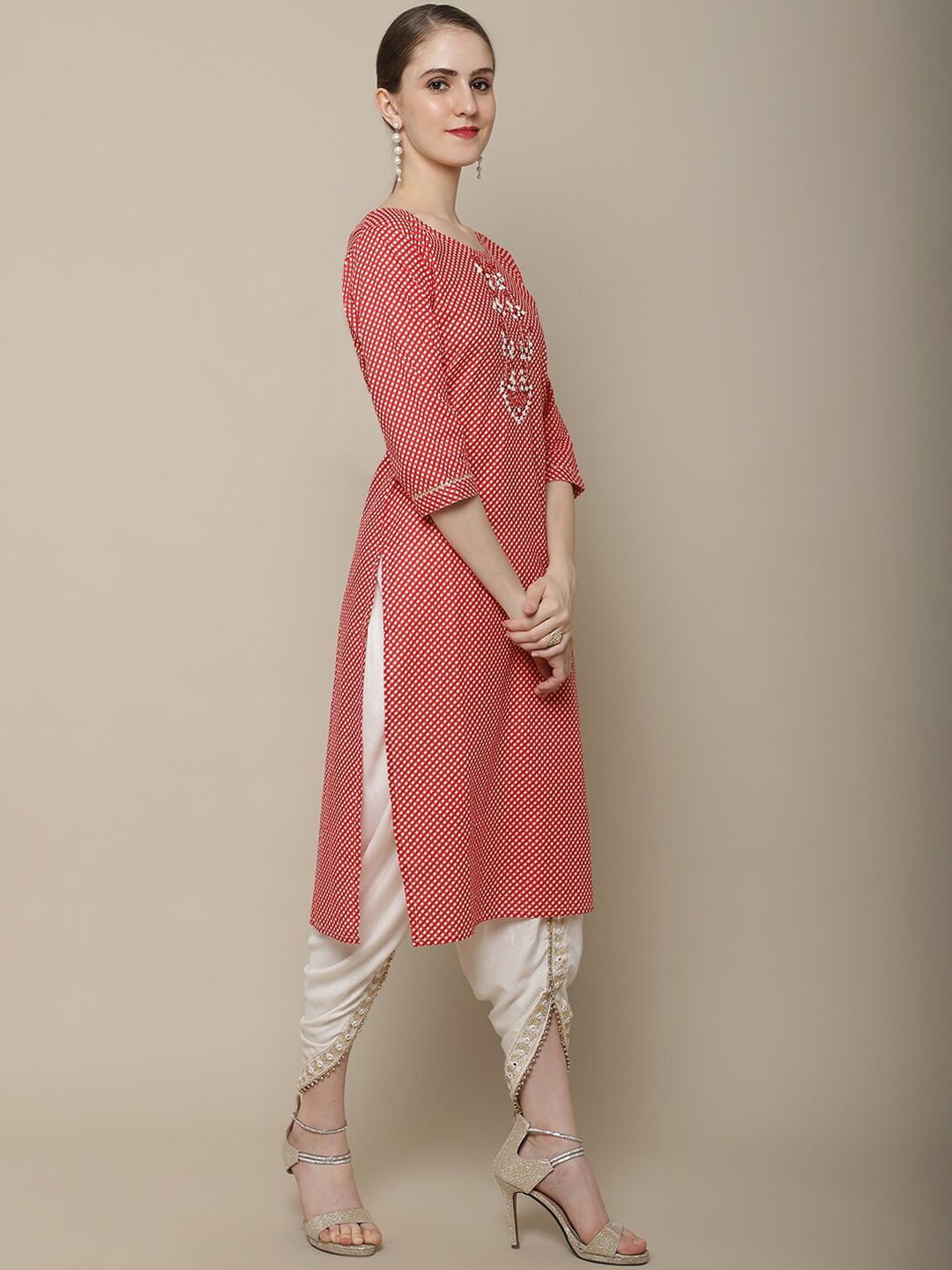 Sangria Women Red & White Cotton Checked Yoke Design Thread Work Kurta | Grocsy