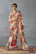 Partywear Designer Cream Bright Moss Fancy Saree - Durga | Grocsy