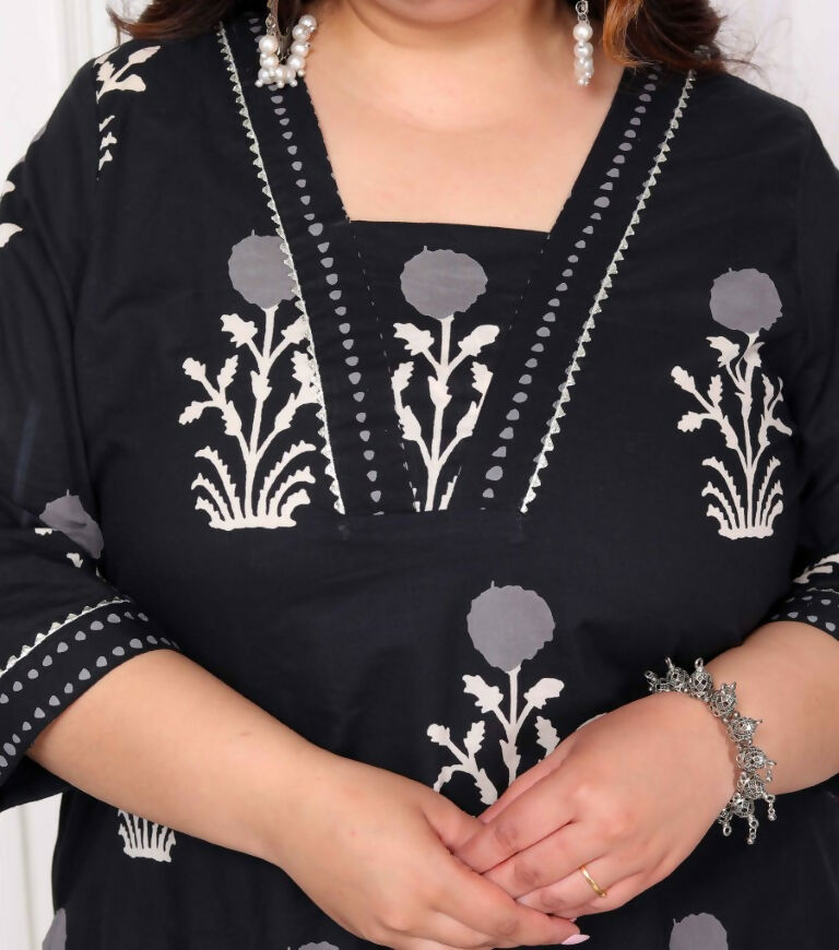 Miravan Women's Plus Size Cotton Gota Patti Black Floral Printed Straight Kurta Palazzo Set | Grocsy