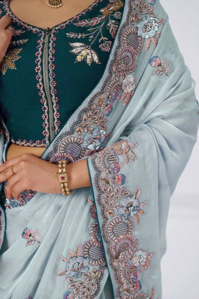 Kesar Fab Graceful Grey In Rich Silk Fendi With Zari And Sparkling Sequins Saree | Grocsy