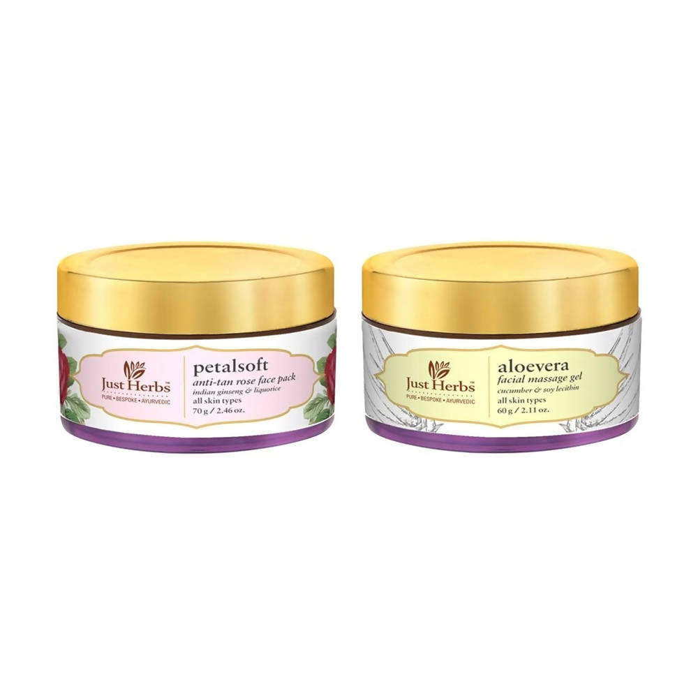 Just Herbs Aloe Vera Face Gel + Petalsoft Anti-Tan Rose Face Pack | Grocsy