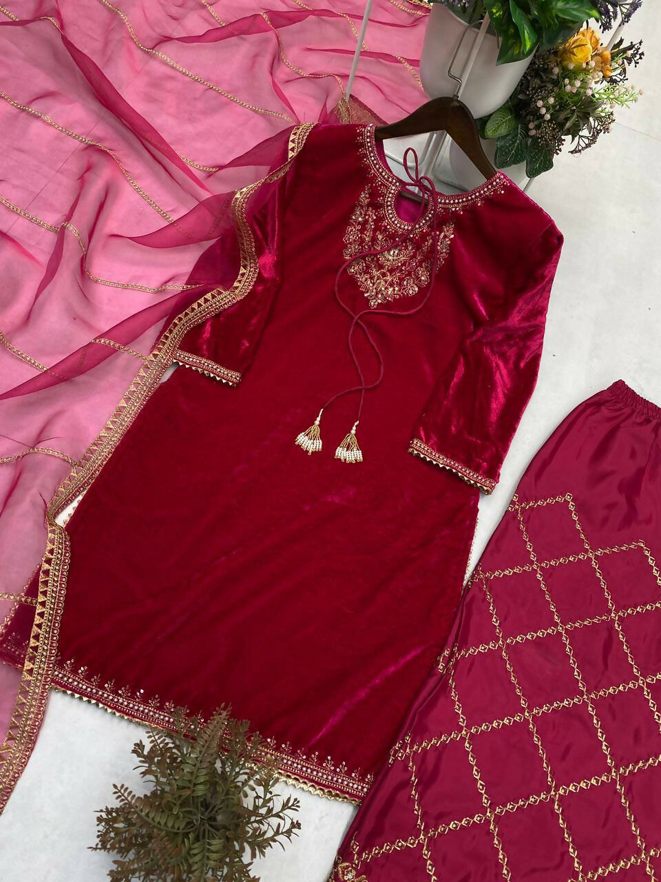 Vastranavya Pink Velvet Sequence Embroidery Work Kurta & Bottom With Dupatta | Grocsy