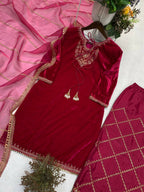 Vastranavya Pink Velvet Sequence Embroidery Work Kurta & Bottom With Dupatta | Grocsy