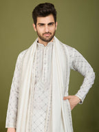 Vastranavya White Exclusive Festival Wear Viscose Silk Thread with Sequence Embroidered Work Kurta with Dupatta | Grocsy