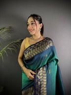 Joban Fashion Turquoise Handloom Silk Ikkat Saree | Grocsy