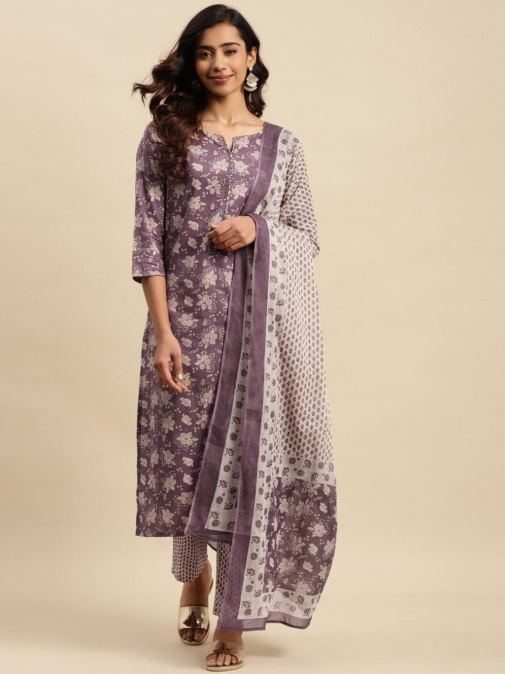 Sangria Maroon Floral Printed Pure Cotton Kurta With Trouser & Dupatta | Grocsy
