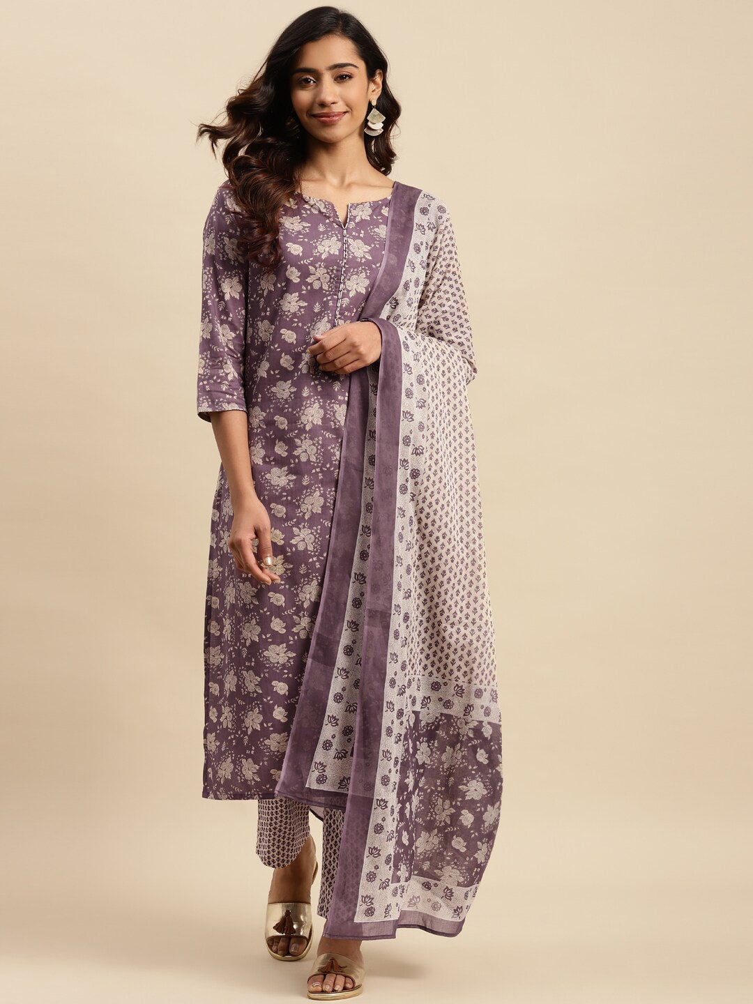 Sangria Maroon Floral Printed Pure Cotton Kurta With Trouser & Dupatta | Grocsy