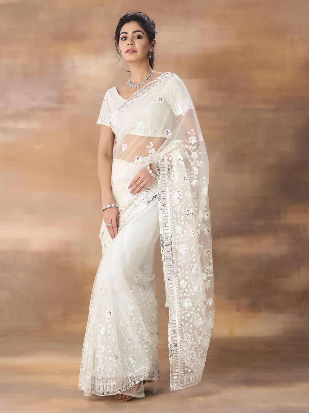 kasee Floral Embroidered Net Saree | Grocsy