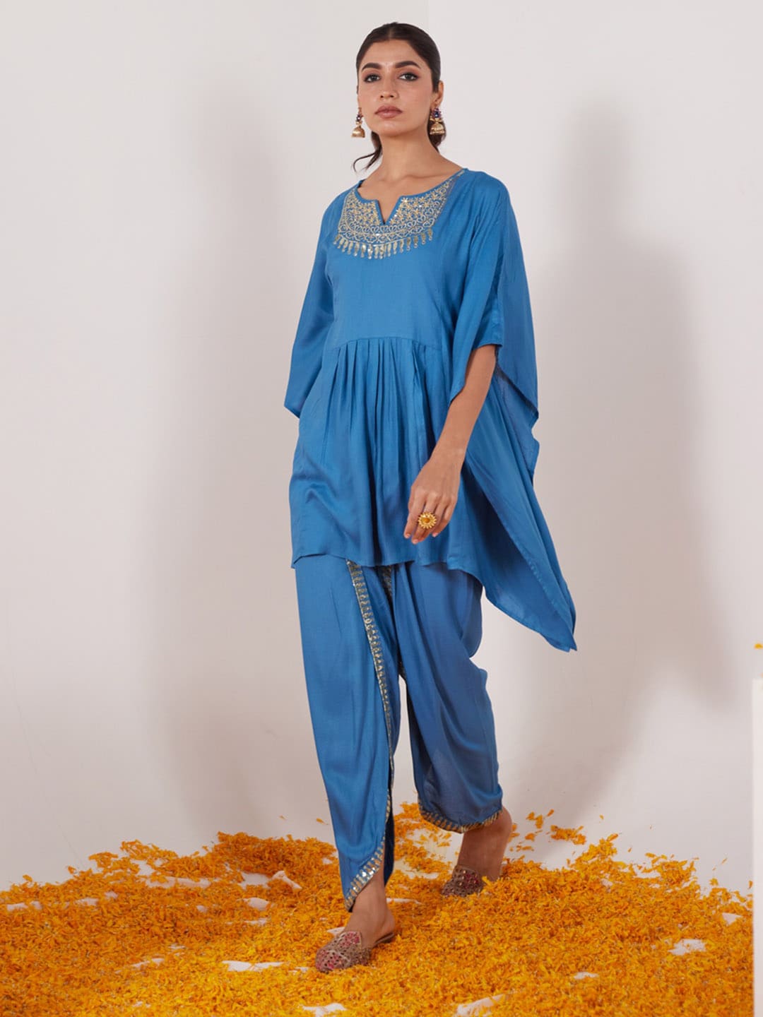 HERE&NOW Floral Embroidered Sequined Kaftan Kurti with Dhoti Pants | Grocsy