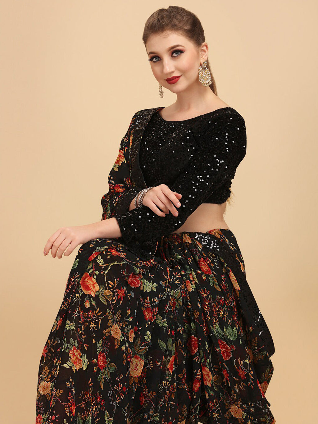 Sangria Floral Printed Embroidered Saree | Grocsy
