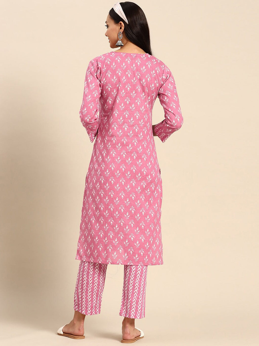 Sangria Pink Ethnic Motifs Printed V-Neck Pure Cotton Straight Kurta With Trouser | Grocsy