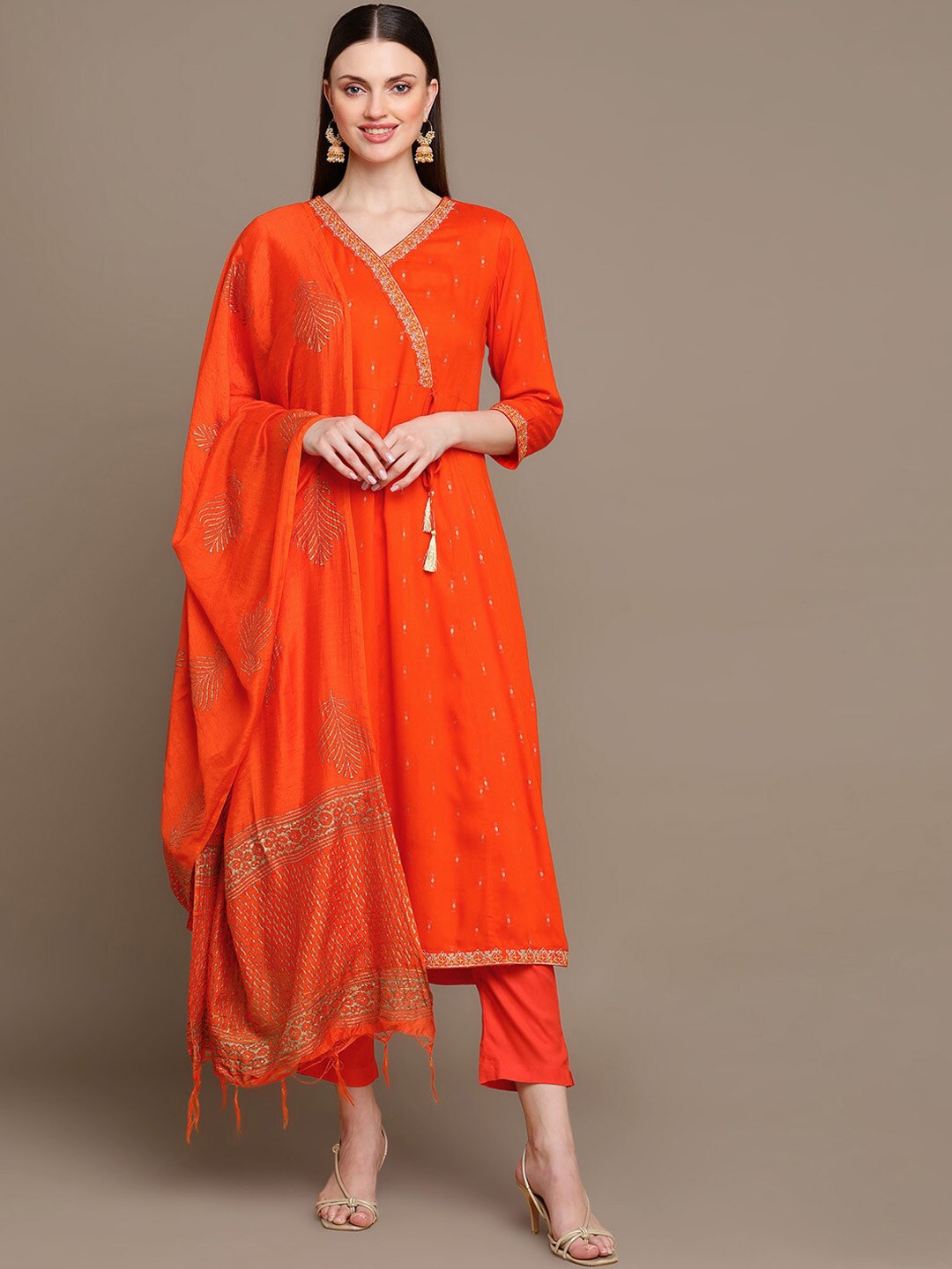HERE&NOW Ethnic Motifs Printed Thread Work Angrakha Kurta with Palazzos & Dupatta | Grocsy