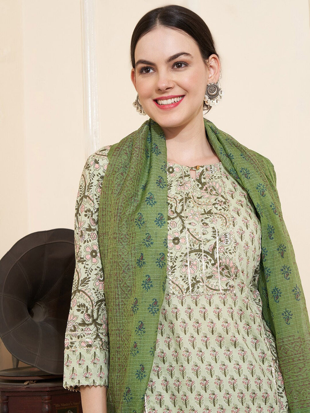 Sangria Floral Printed Gotta Patti Pure Cotton Straight Kurta With Trousers & With Dupatta | Grocsy