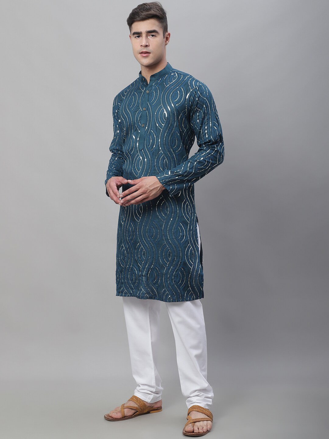 Sojanya Ethnic Motifs Embroidered Sequinned Pure Cotton Kurta with Churidar | Grocsy