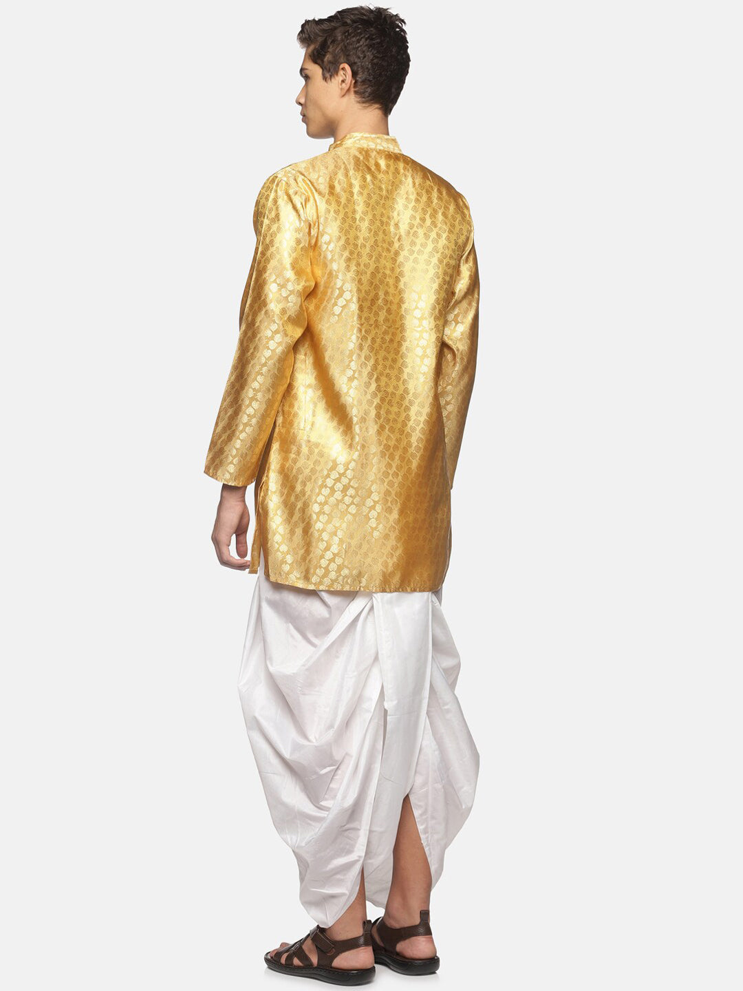 Sethukrishna Men Gold-Toned Ethnic Motifs Angrakha Kurta with Dhoti Pants | Grocsy