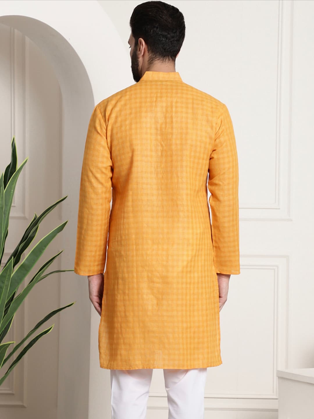 Sojanya Men Mustard Yellow Dobby Self-Checked Straight Kurta | Grocsy