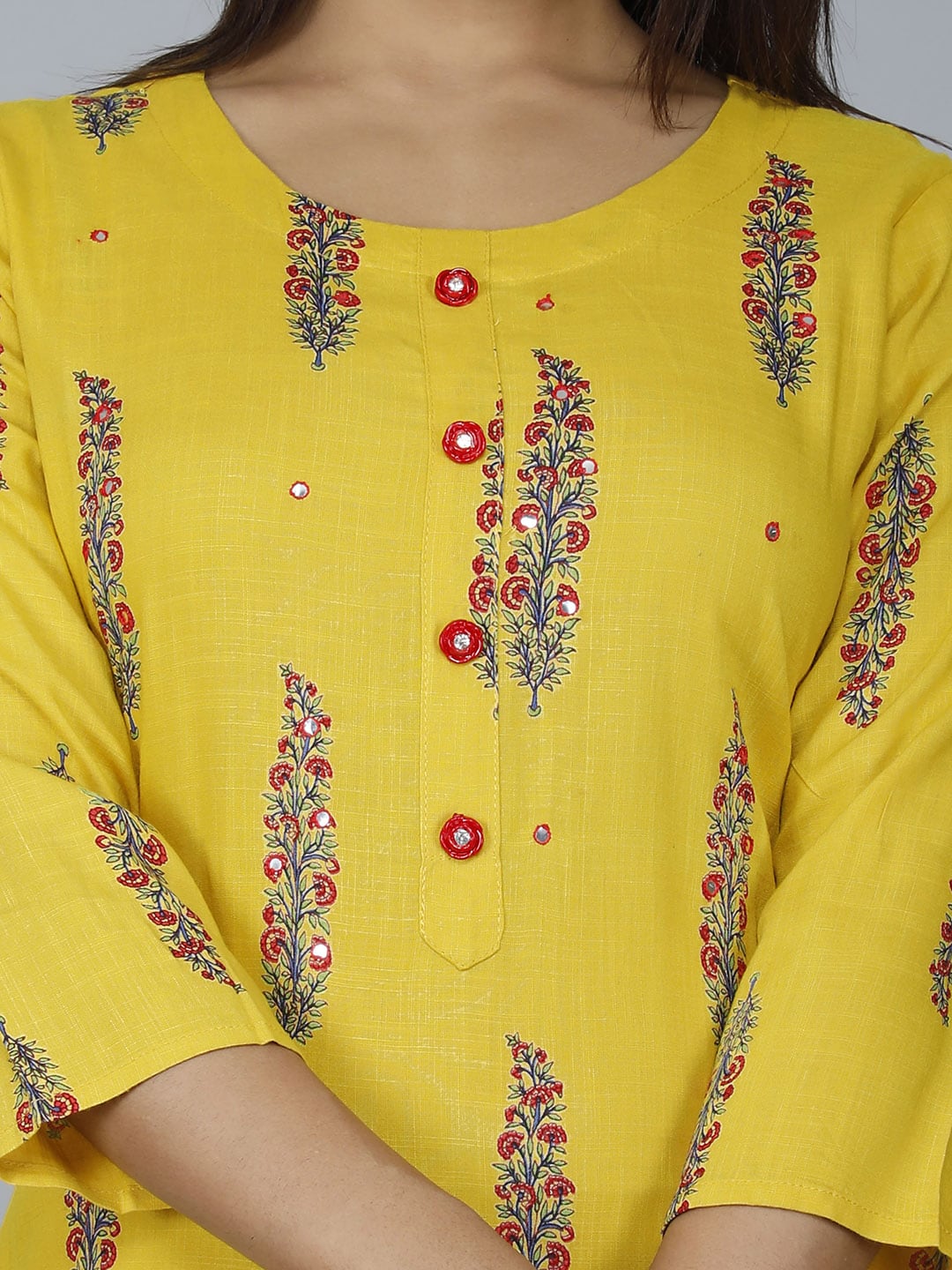 HERE&NOW Women Mustard Yellow Floral Mirror Work Floral Kurta | Grocsy