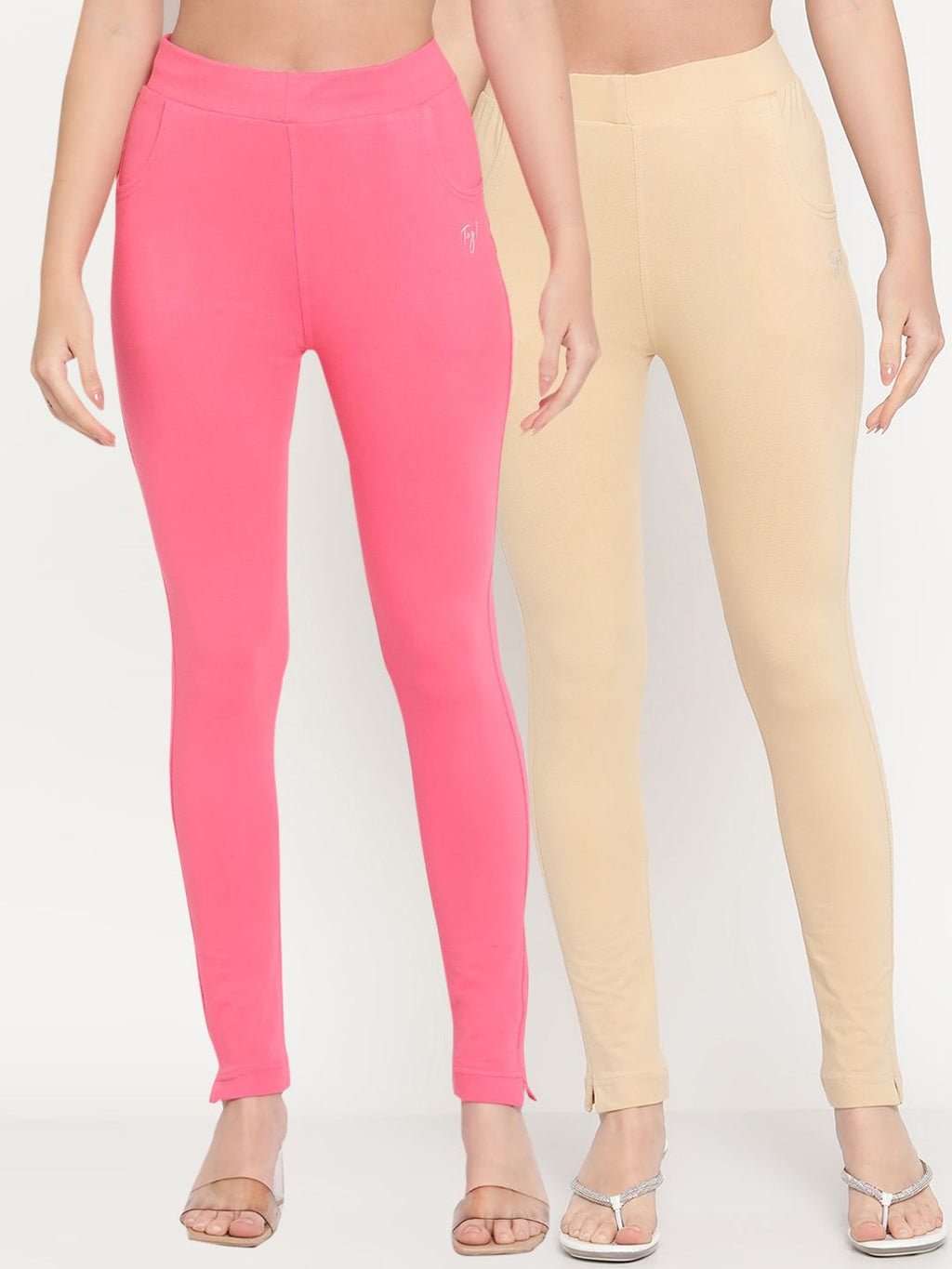 TAG 7 Women Pack of 2 Pink & Beige Solid Kurti Pants | Grocsy