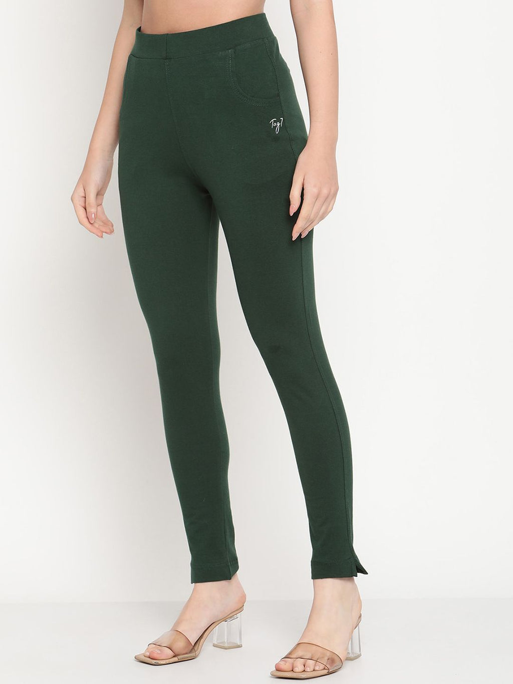 TAG 7 Women Green Solid Ankle Length Leggings | Grocsy