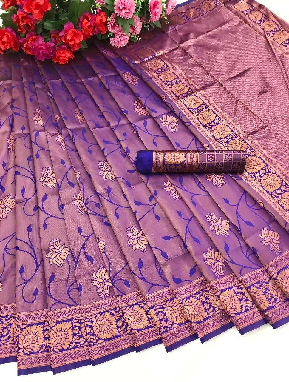 DEIANA'S Beautiful Designer Golden zari Soft Lichi Silk Saree - Purple | Grocsy