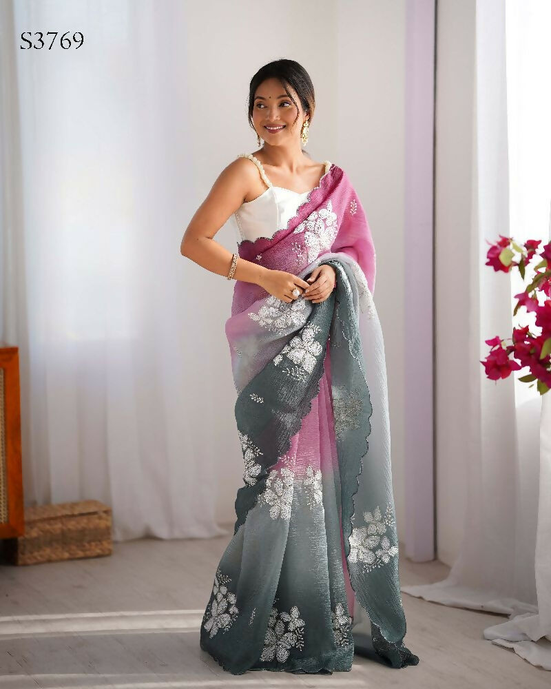 Wine and Green Crunchy Crush Pedding Color Embroidery Work Party Wear Saree - Zuleika | Grocsy