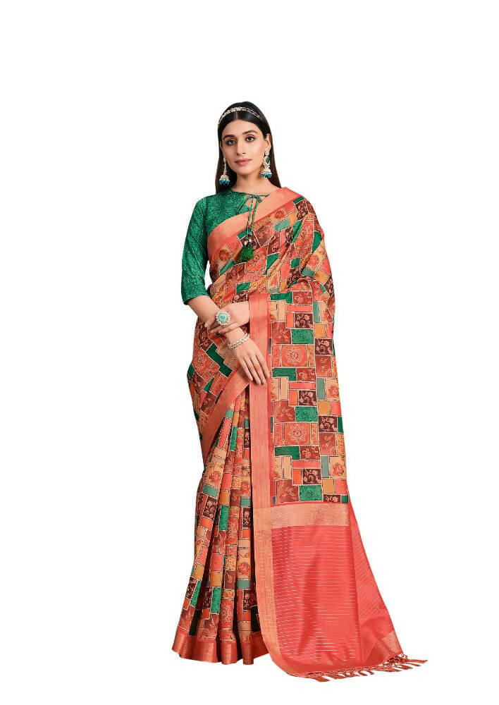 Orange Tusser Silk Floral, Geometric Printed With Embroidered Work Saree With Unstitched Blouse - Mohmanthan Aahana | Grocsy
