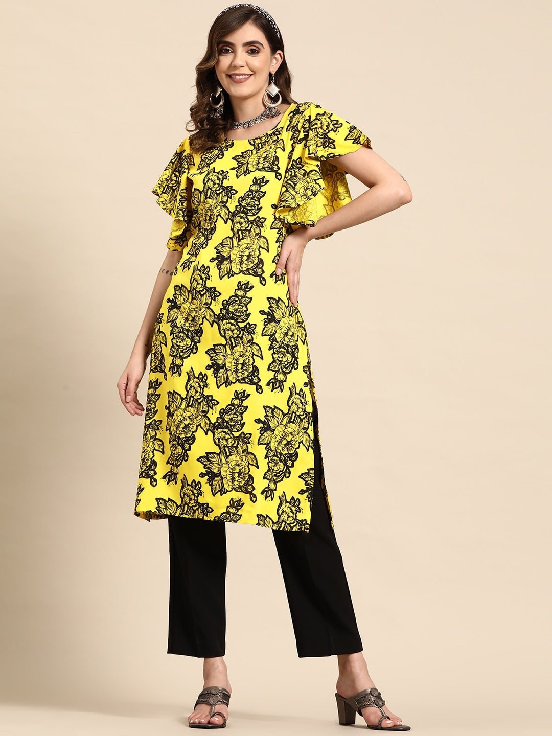 Sangria Floral Print Flutter Sleeves Kurta | Grocsy