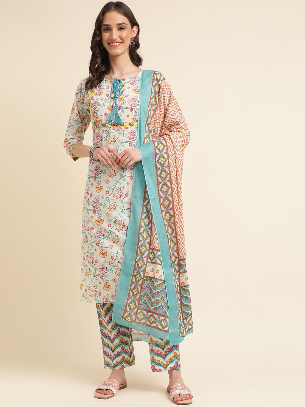 Sangria Beige & Blue Floral Printed Pure Cotton Kurta & Trouser With Dupatta | Grocsy