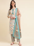 Sangria Beige & Blue Floral Printed Pure Cotton Kurta & Trouser With Dupatta | Grocsy
