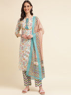 Sangria Beige & Blue Floral Printed Pure Cotton Kurta & Trouser With Dupatta | Grocsy