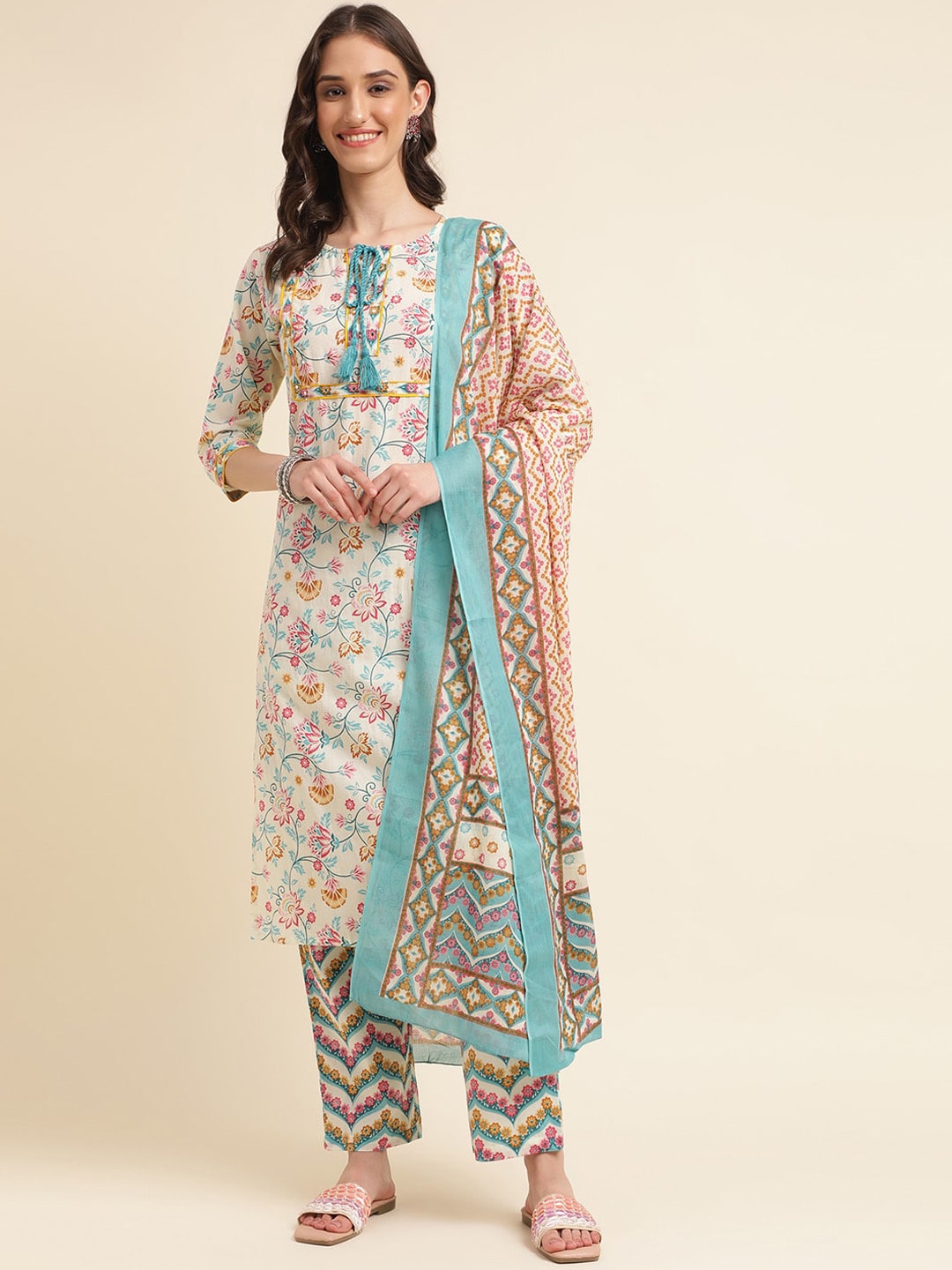 Sangria Beige & Blue Floral Printed Pure Cotton Kurta & Trouser With Dupatta | Grocsy