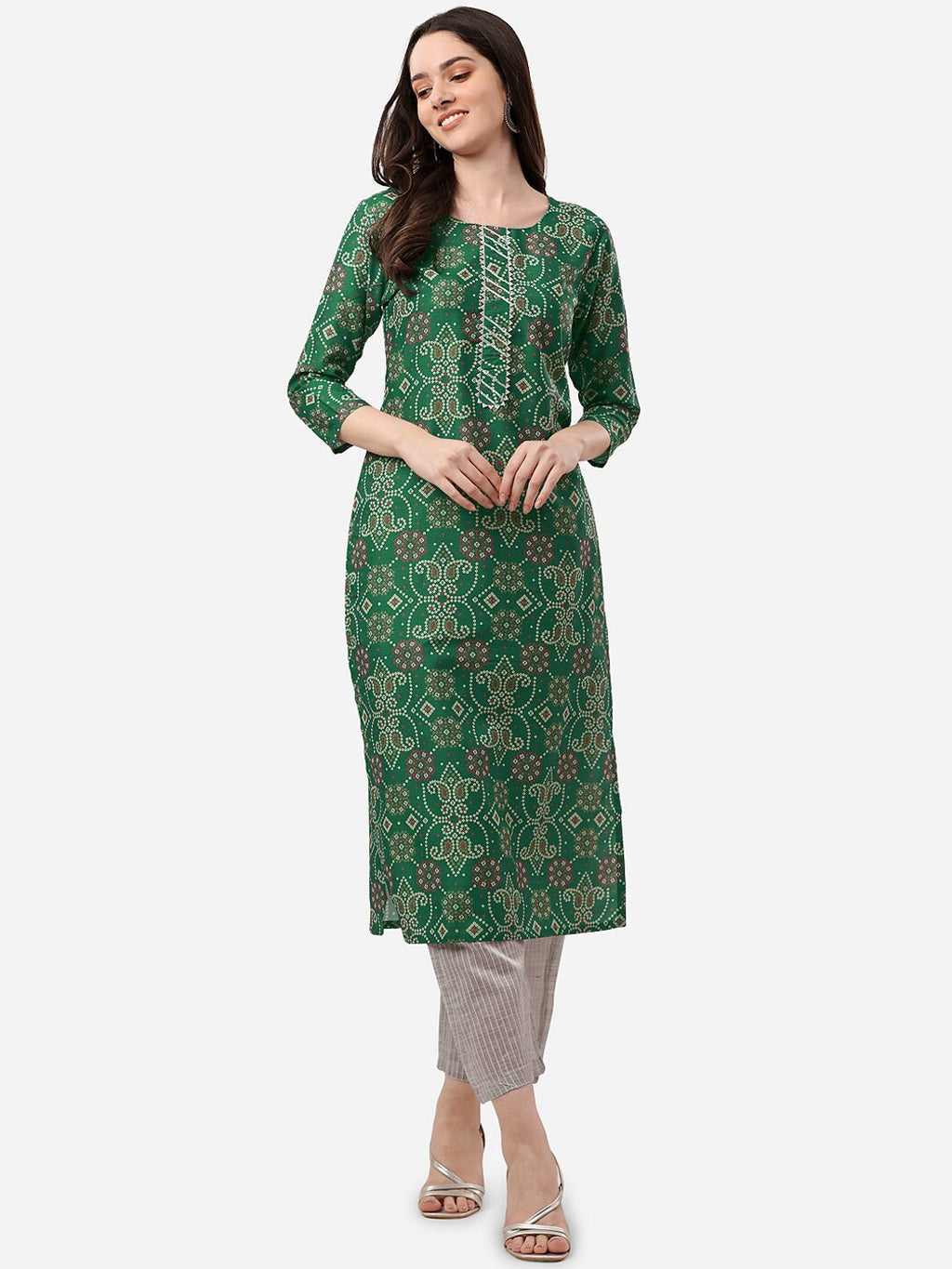 HERE&NOW Women Green Bandhani Printed Gotta Patti Pure Silk Kurta with Trousers | Grocsy
