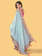 Sangria Grey & Red Geometric Embroidered Organza Sungudi Sarees | Grocsy