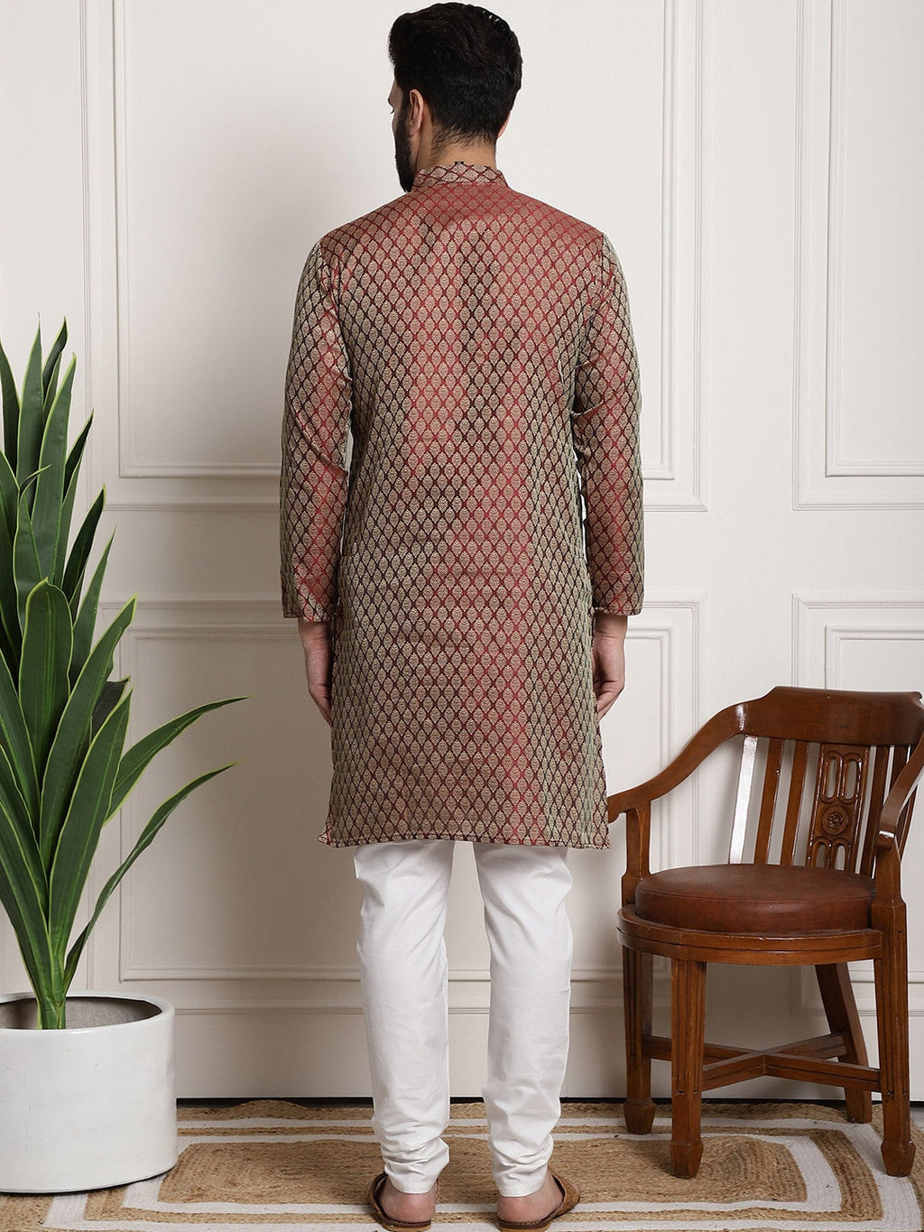 Sojanya Men Maroon & Off-White Woven Design Kurta with Churidar | Grocsy