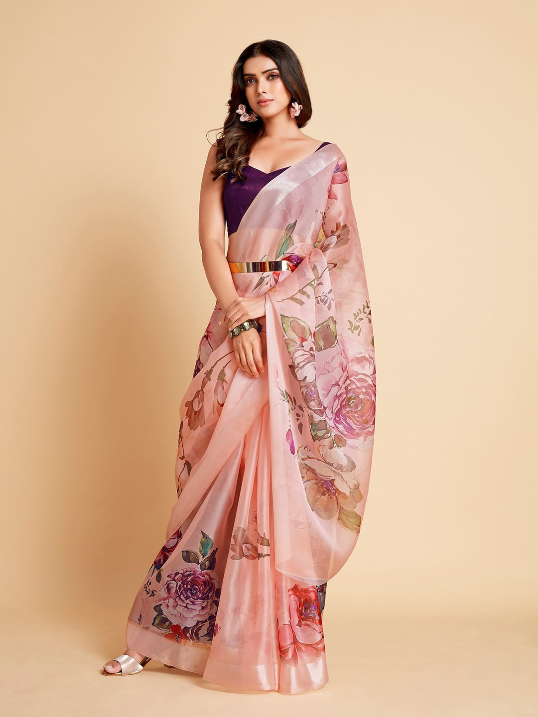 Sangria Peach-Coloured & Purple Floral Organza Saree | Grocsy