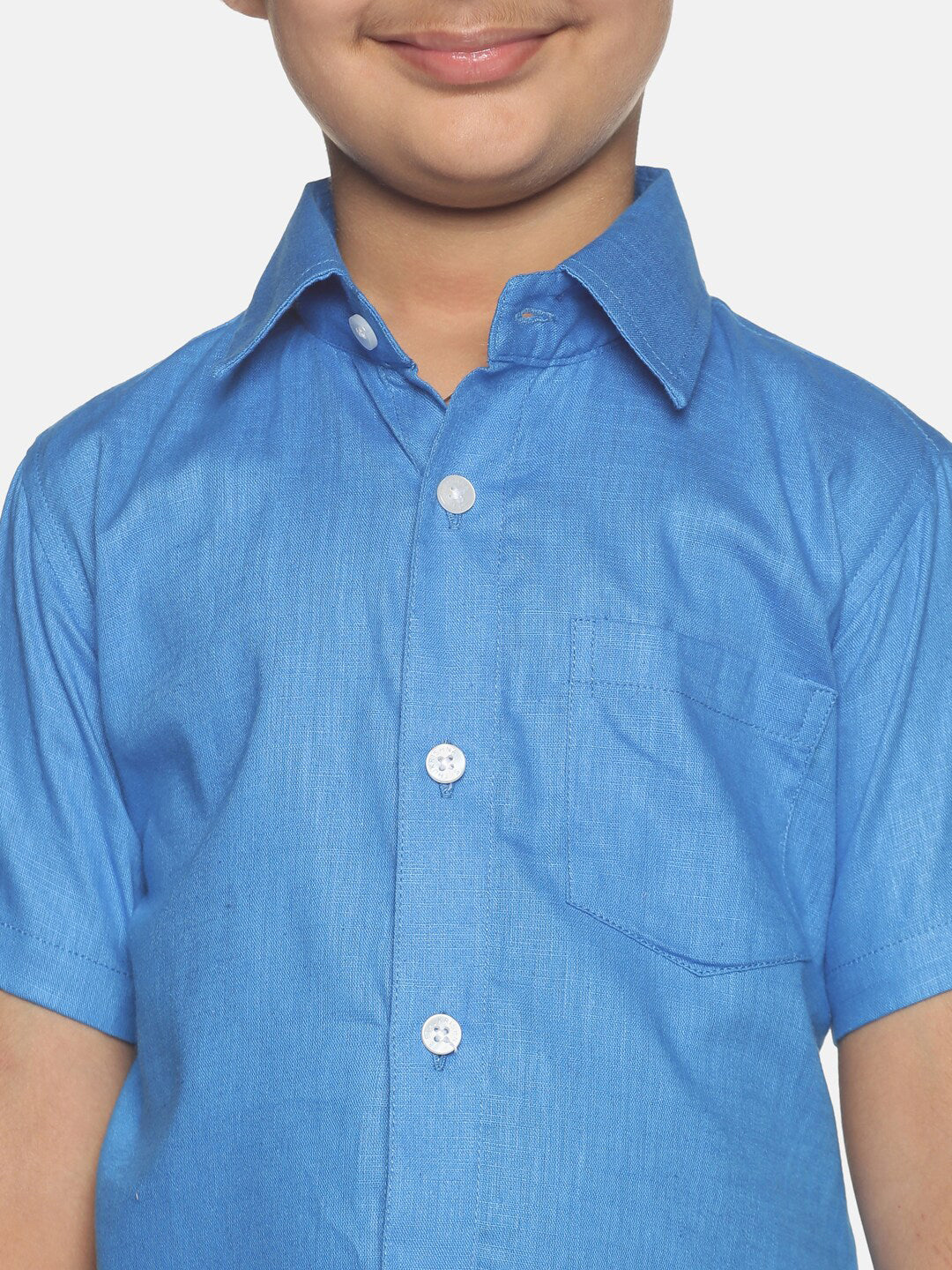 Sethukrishna Blue & White Solid Shirt with Veshti Set For Boys | Grocsy