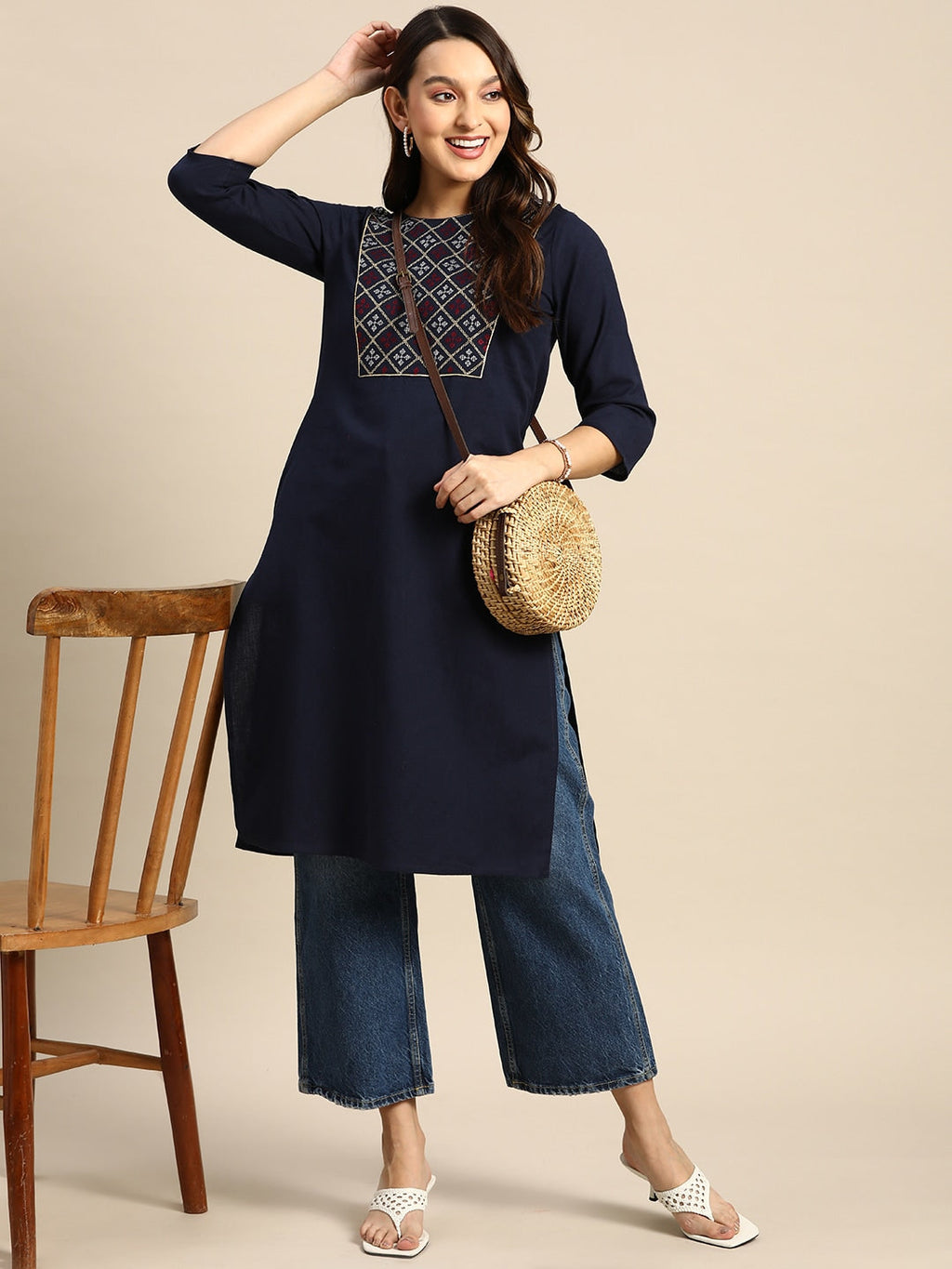 Sangria Women Geometric Yoke Design Kurta | Grocsy