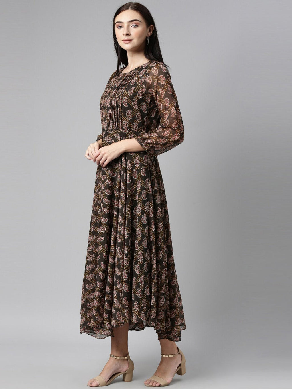 Souchii Olive Green & Red Ethnic Motifs Printed Chiffon A-Line Maxi Dress | Grocsy