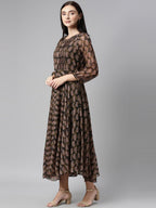 Souchii Olive Green & Red Ethnic Motifs Printed Chiffon A-Line Maxi Dress | Grocsy
