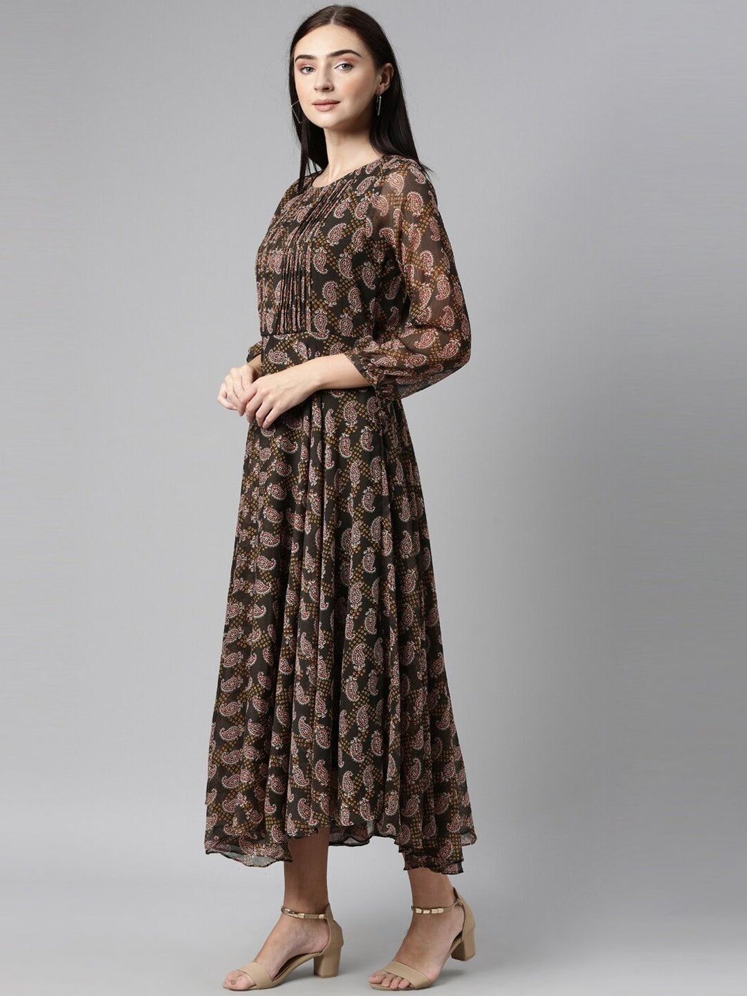 Souchii Olive Green & Red Ethnic Motifs Printed Chiffon A-Line Maxi Dress | Grocsy