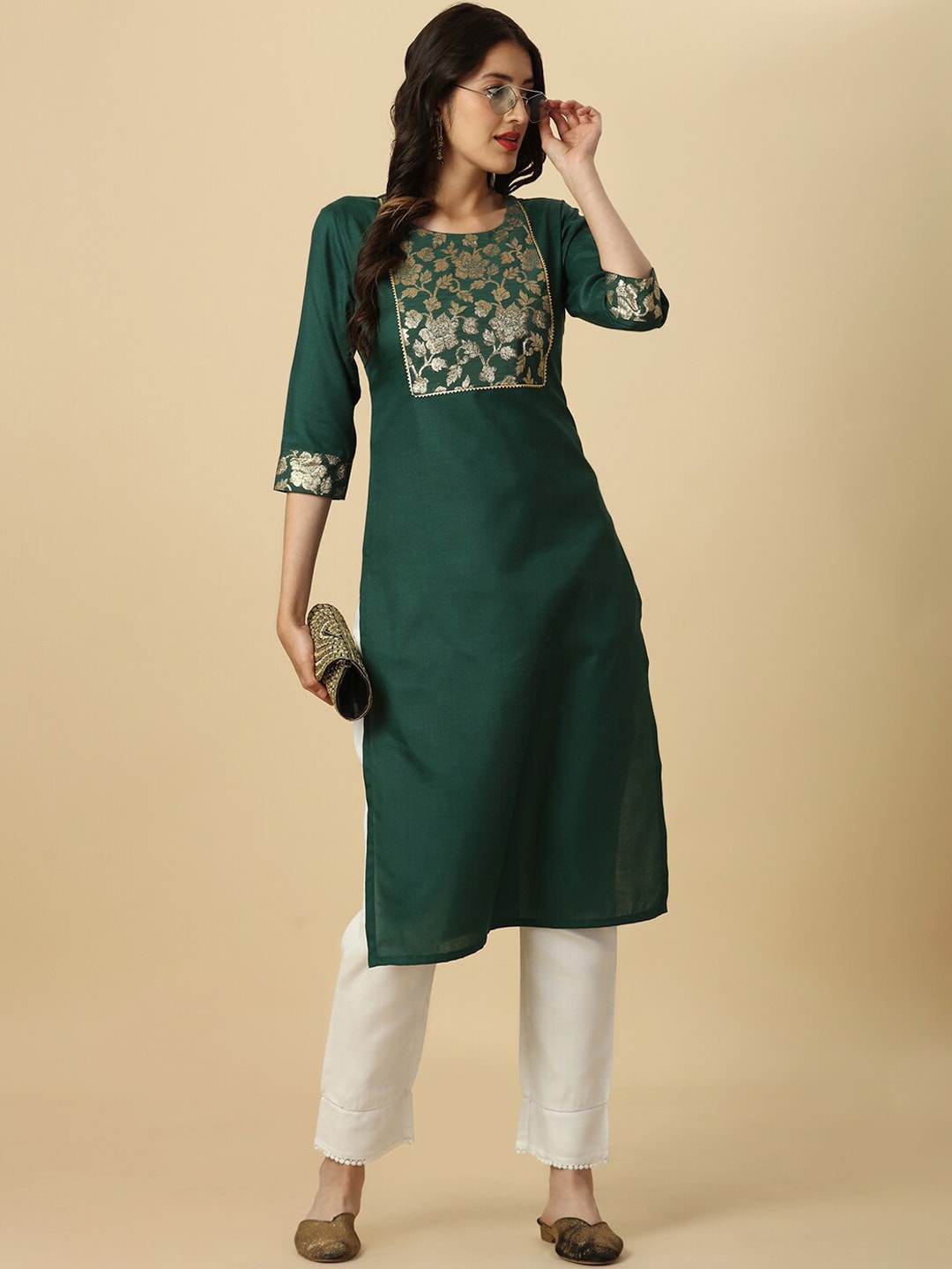 HERE&NOW Green Floral Yoke Design Gotta Patti Kurta | Grocsy