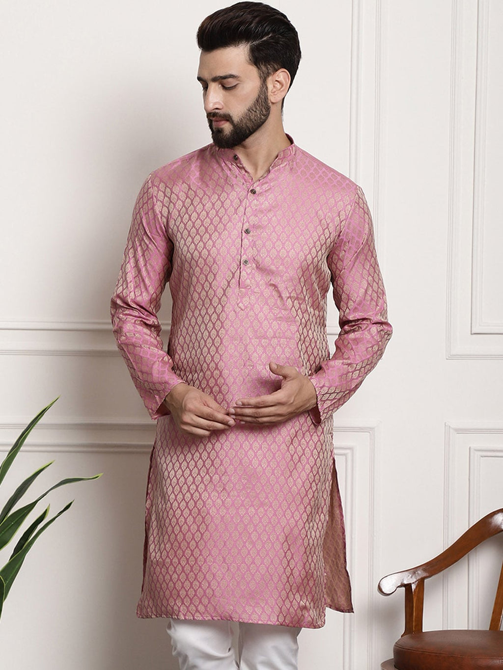 Sojanya Woven Design Mandarin Collar Silk Cotton Kurta | Grocsy