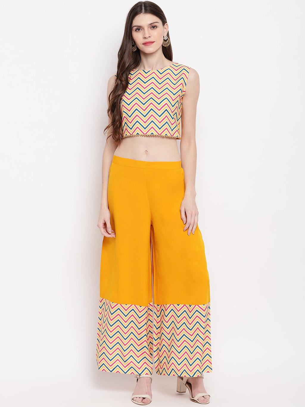Janasya Women Yellow & Pink Solid Top with Kurta & Palazzos | Grocsy