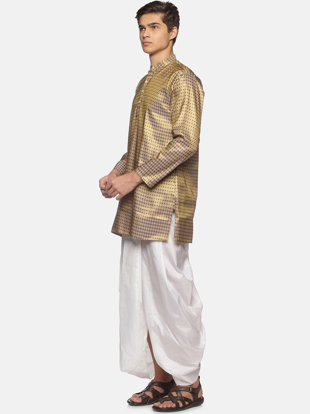 Sethukrishna Men Gold-Toned Bandhani Printed Art Silk Kurta with Dhoti Pants | Grocsy