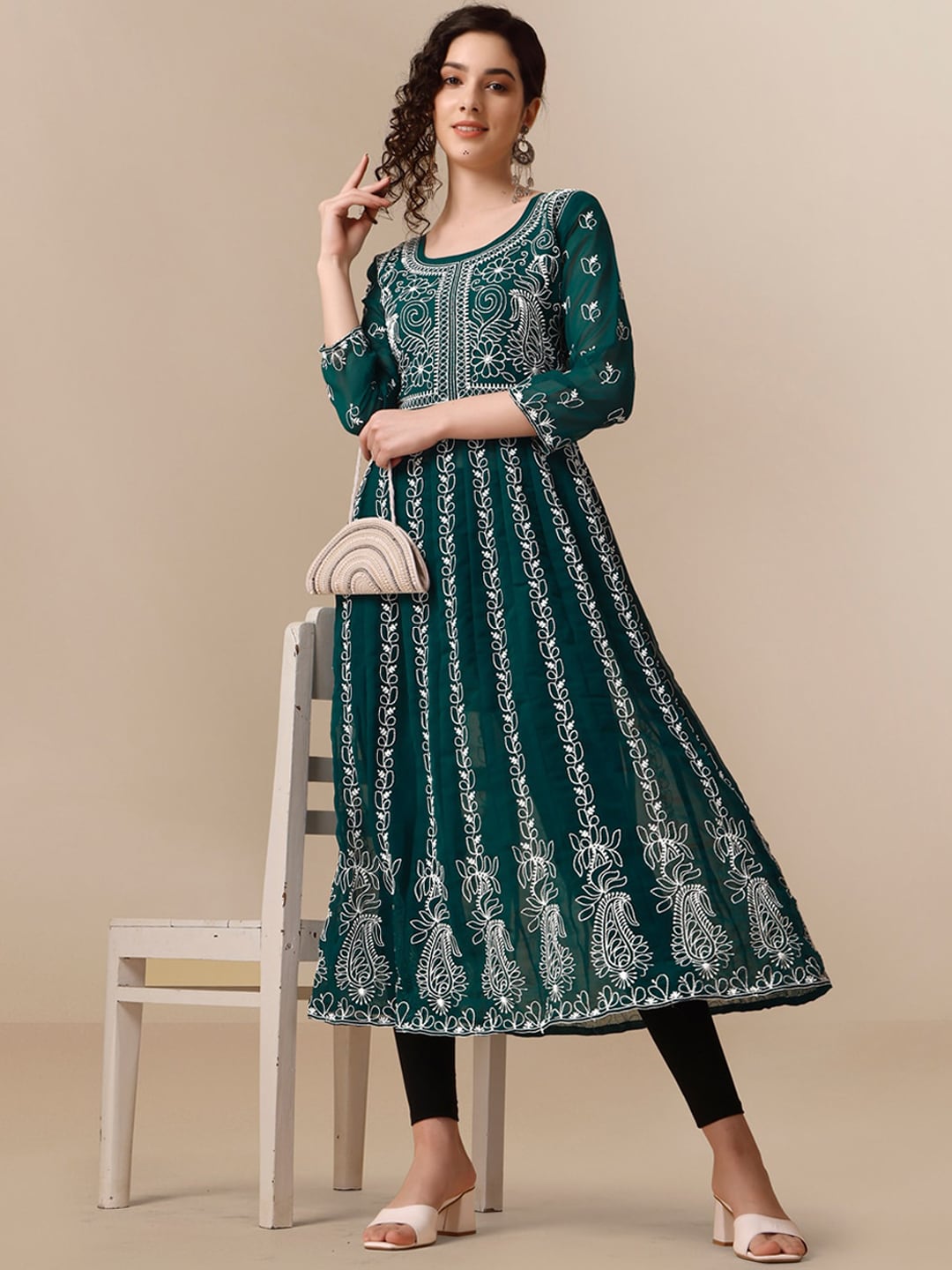 HERE&NOW Paneled Floral Embroidered Georgette Anarkali Kurta | Grocsy