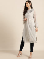 All About You Women Grey Bell Sleeves Yoke Design Thread Work Dobby Kurta | Grocsy