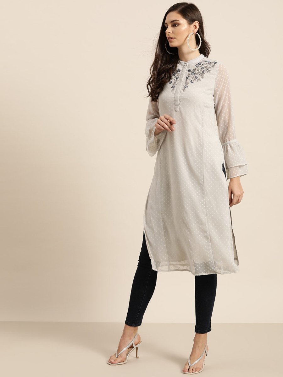 All About You Women Grey Bell Sleeves Yoke Design Thread Work Dobby Kurta | Grocsy