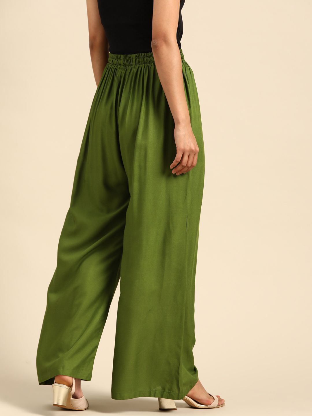 TAG 7 Women Green Solid Wide Leg Palazzos | Grocsy